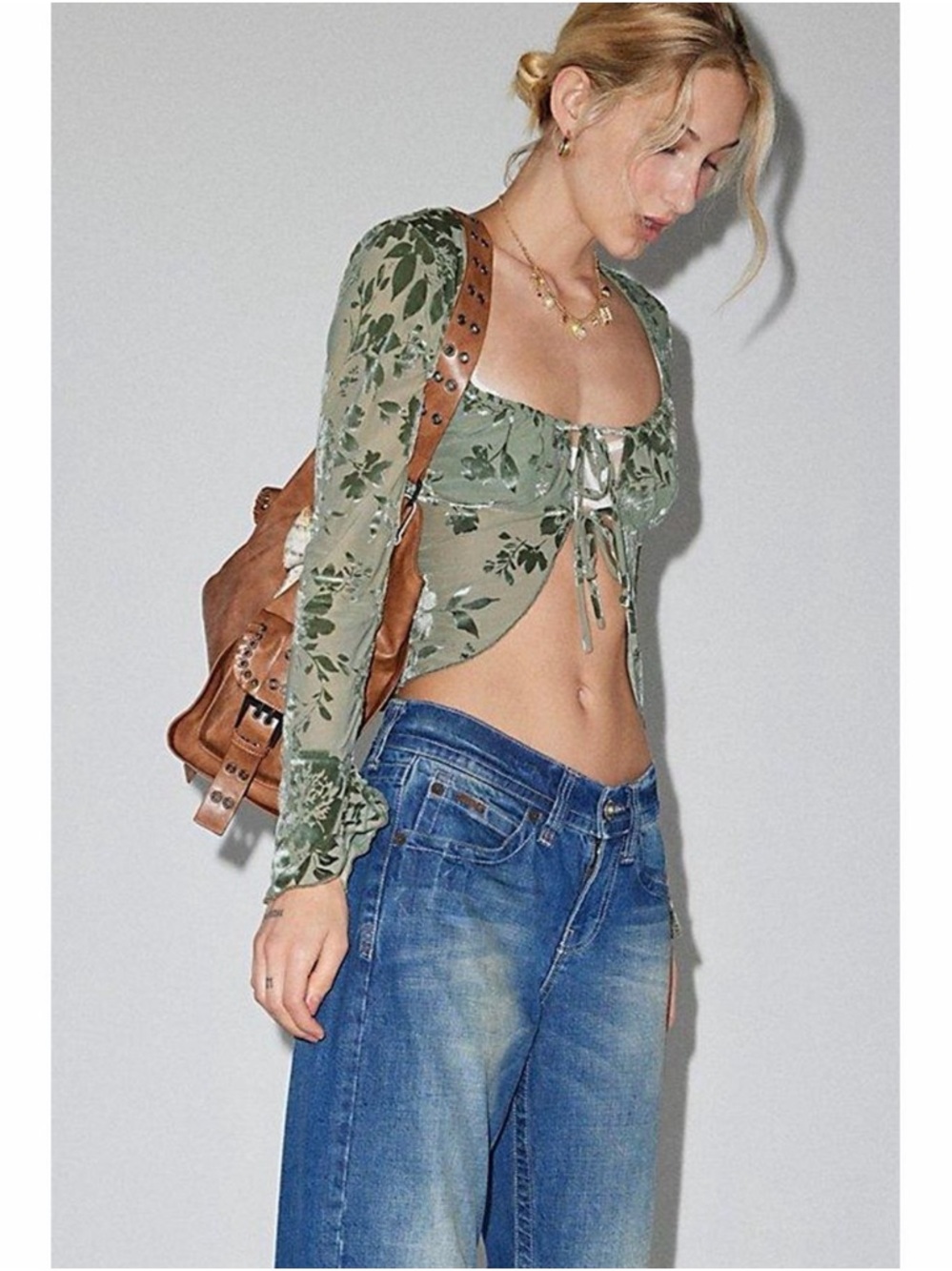 Kimchi Blue Stevie Burnout Velvet Flyaway Tie-Front Top
